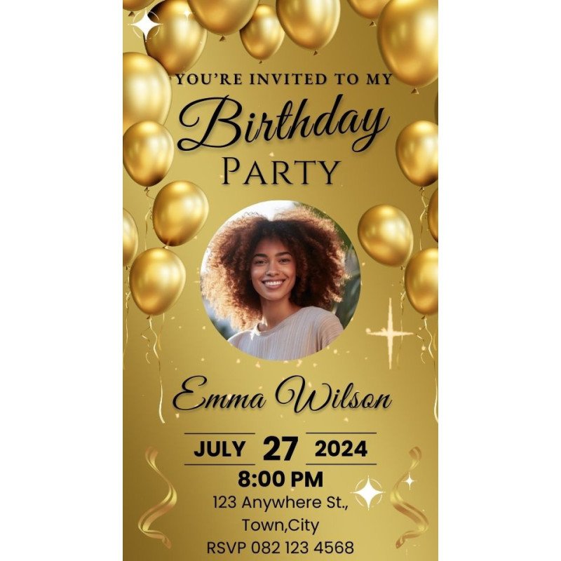 Golden Balloons Animated Picture Frame Digital Birthday Party Invite