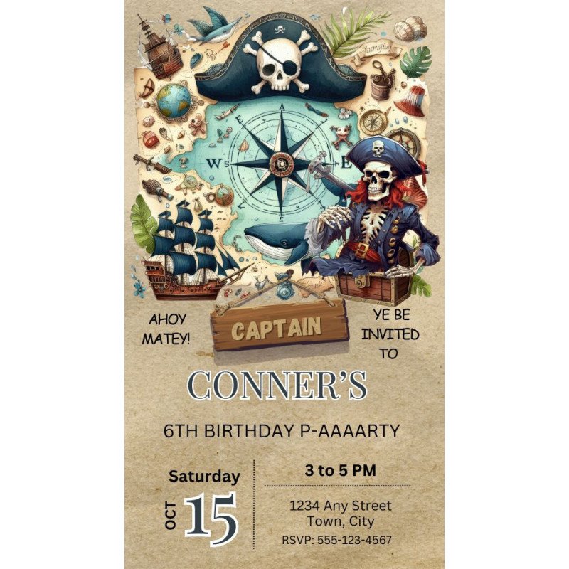 Pirate Theme Animated Digital Birthday Party Invite
